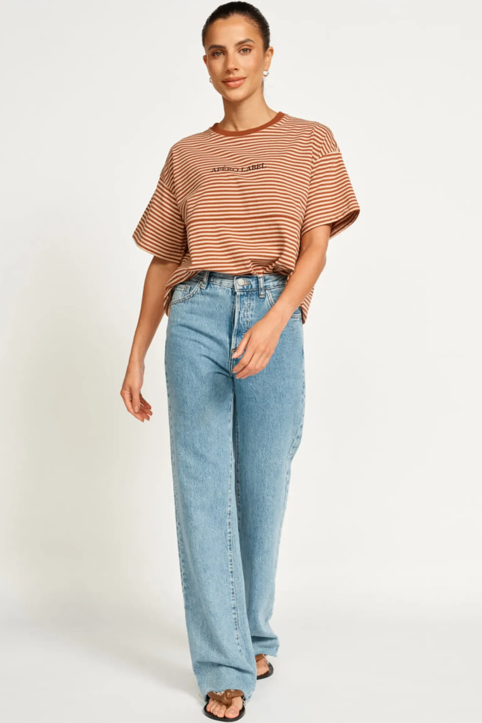 Apero Vintage Drop Shoulder Cropped Tee - Brown/Tan Stripe