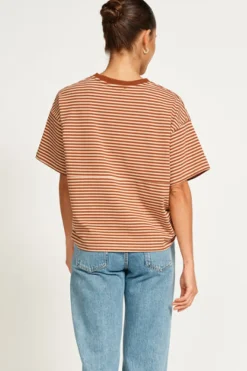 Apero Vintage Drop Shoulder Cropped Tee - Brown/Tan Stripe