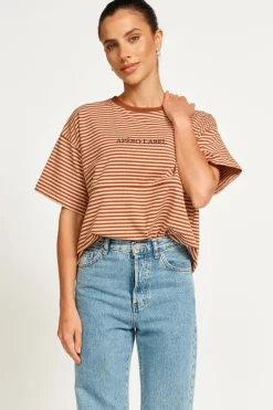 Apero Vintage Drop Shoulder Cropped Tee - Brown/Tan Stripe