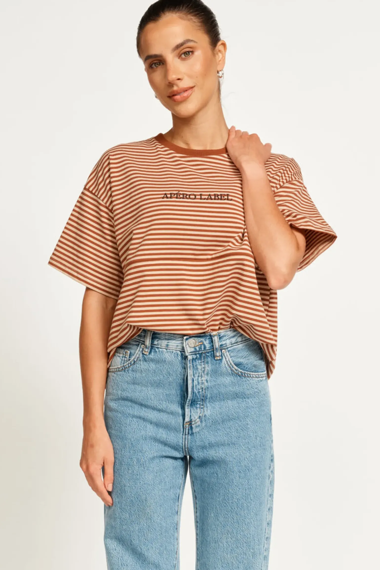 Apero Vintage Drop Shoulder Cropped Tee - Brown/Tan Stripe