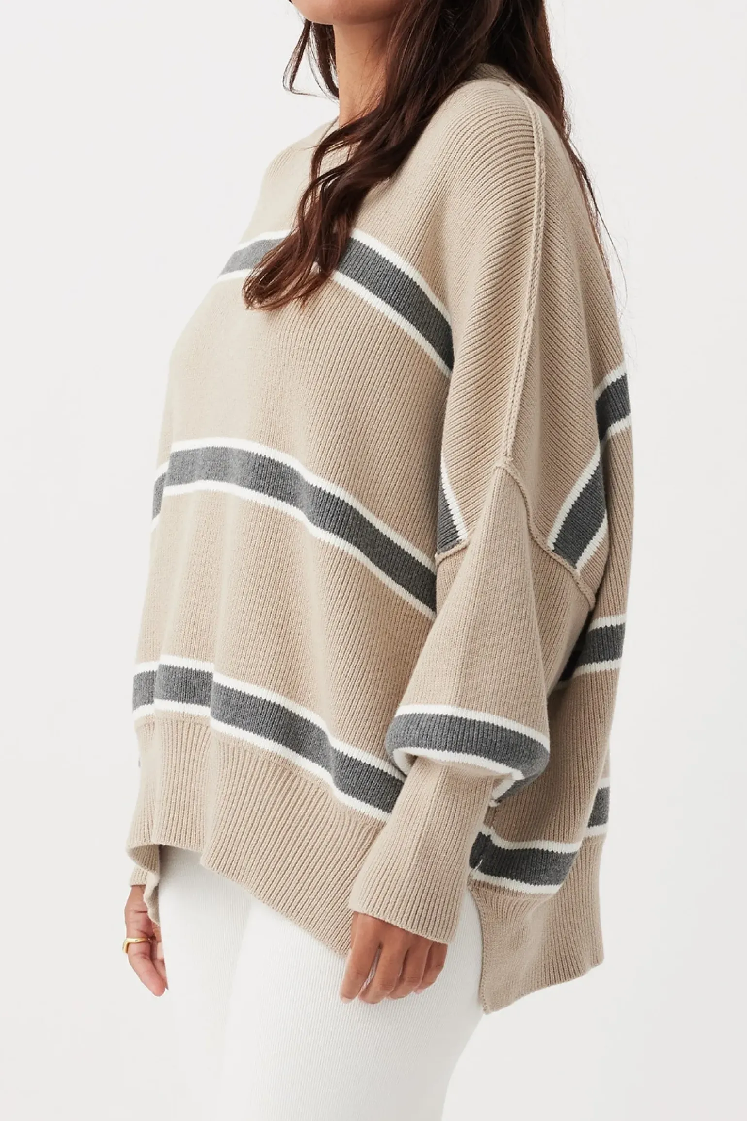 ARCAA Harper Stripe Sweater - Taupe, Cream & Dark Grey Marle