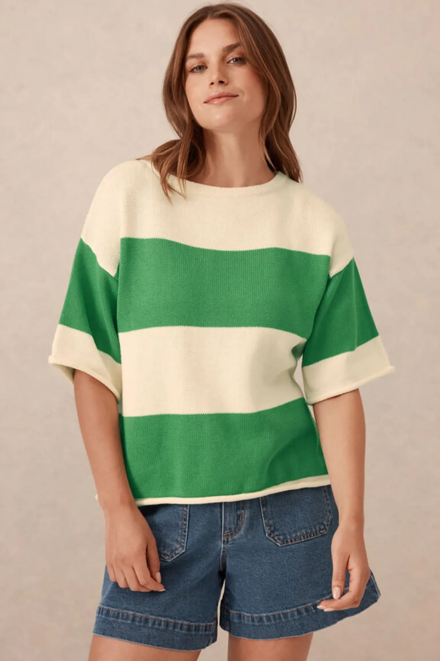 Ceres Life Boxy Knit Tee- Grass Stripe