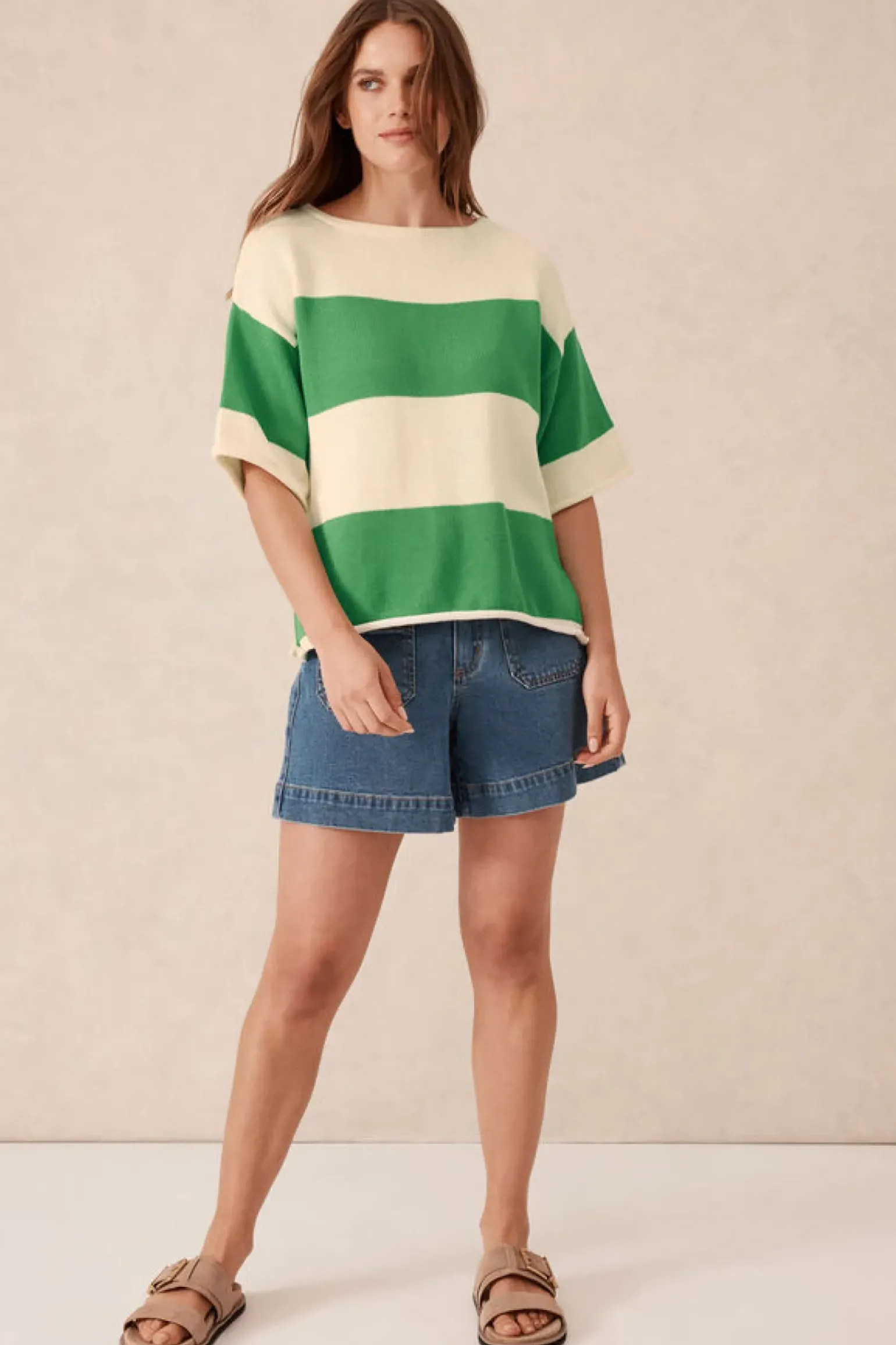 Ceres Life Boxy Knit Tee- Grass Stripe