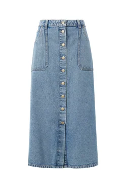 Ceres Life Button Through Denim Midi Skirt - Mid Vintage Blue