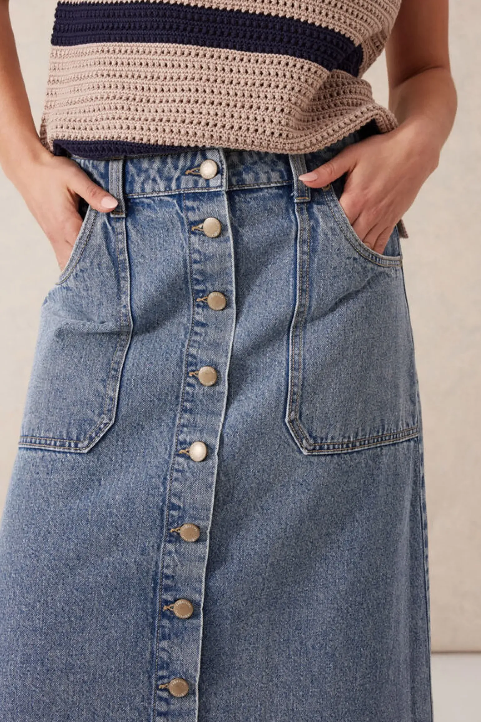 Ceres Life Button Through Denim Midi Skirt - Mid Vintage Blue
