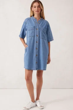 Ceres Life Collarless Relaxed Short Sleeve Denim Dress - Vintage Blue