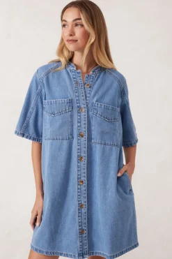 Ceres Life Collarless Relaxed Short Sleeve Denim Dress - Vintage Blue