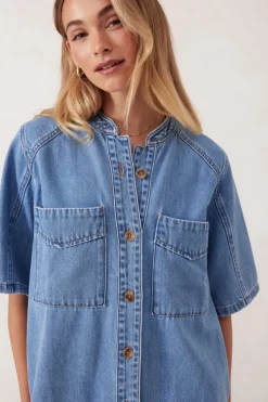 Ceres Life Collarless Relaxed Short Sleeve Denim Dress - Vintage Blue