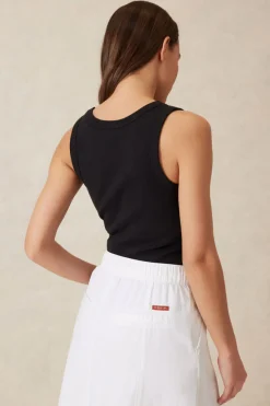 Ceres Life Contour Rib Scoop Tank - Black/White Monogram Embroidery