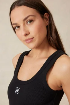 Ceres Life Contour Rib Scoop Tank - Black/White Monogram Embroidery