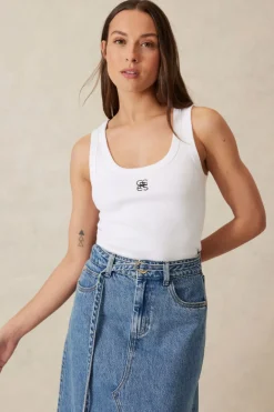 Ceres Life Contour Rib Scoop Tank - White/Black Monogram Embroidery