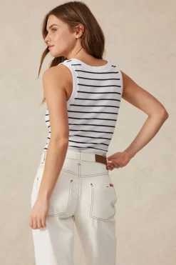 Ceres Life Contour Rib Scoop Tank - White/New Navy Monogram Embroidery