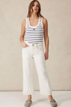 Ceres Life Contour Rib Scoop Tank - White/New Navy Monogram Embroidery
