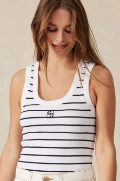 Ceres Life Contour Rib Scoop Tank - White/New Navy Monogram Embroidery