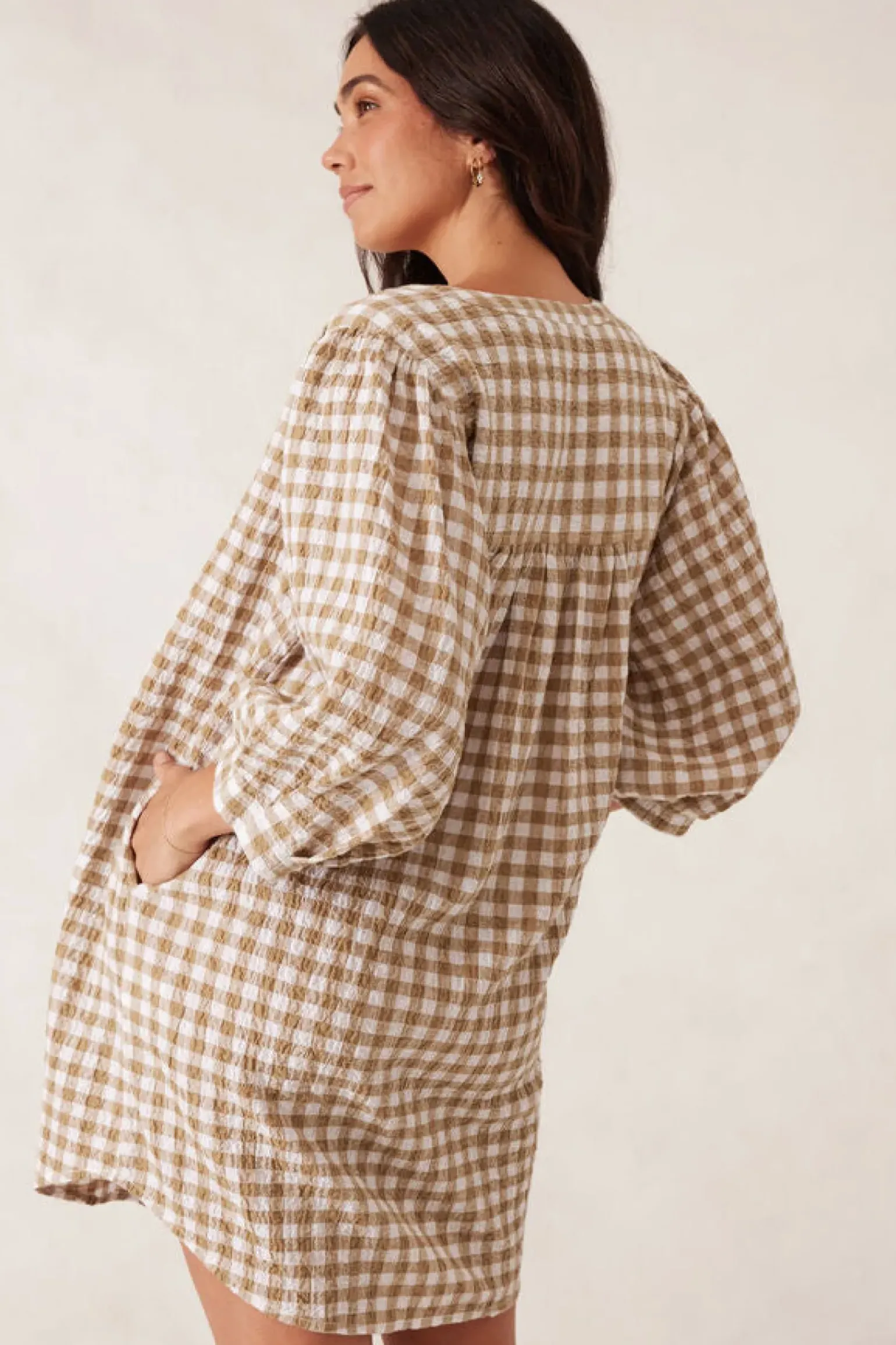 Ceres Life Crinkle Mini Dress - Fig Green/White Gingham