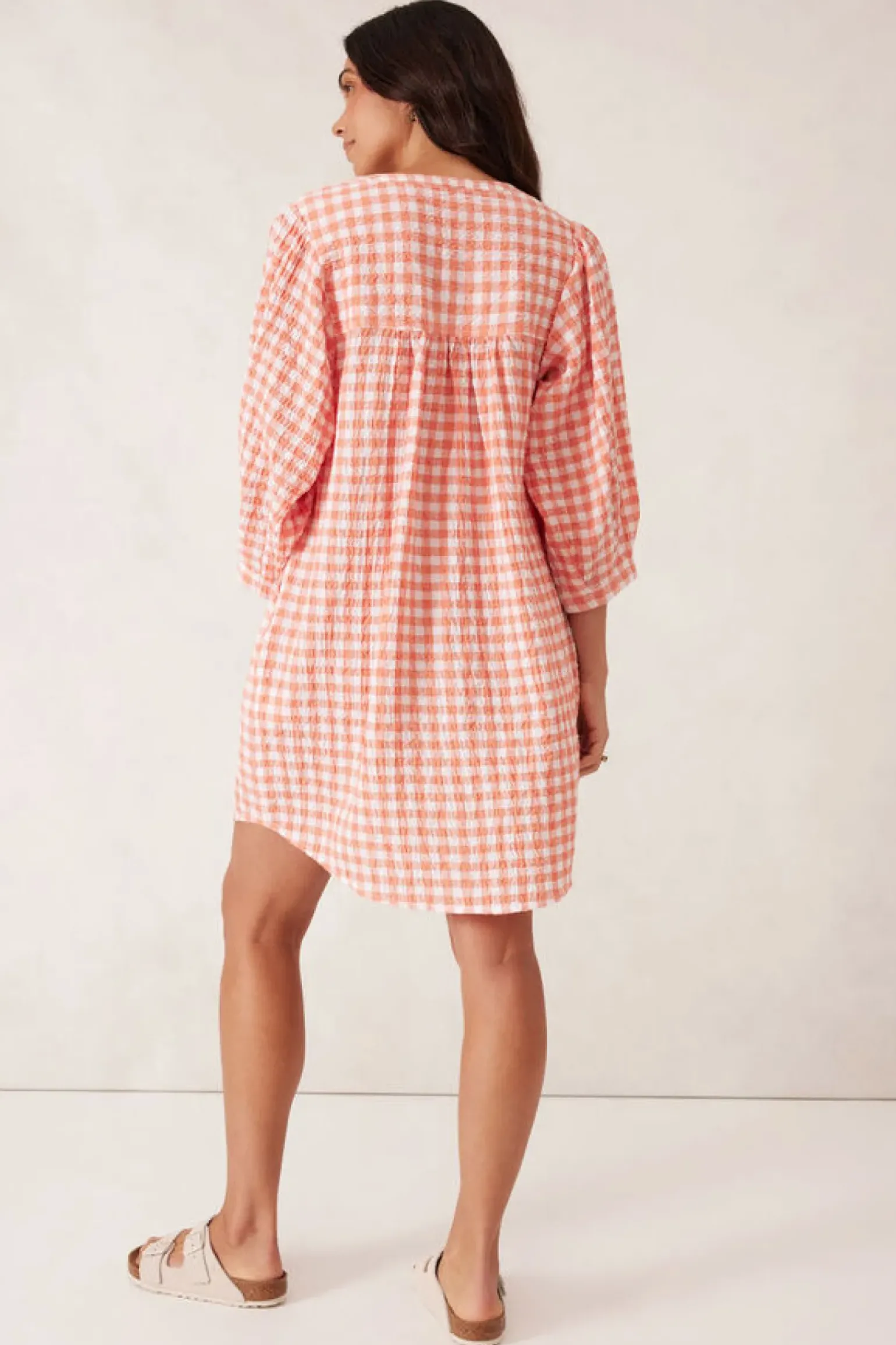 Ceres Life Crinkle Mini Dress - Coral/White Gingham