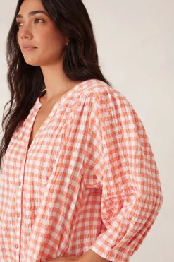 Ceres Life Crinkle Mini Dress - Coral/White Gingham