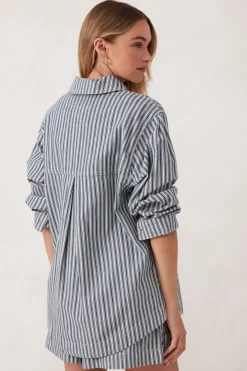 Ceres Life Curved Hem Shacket - Lagoon Blue Stripe