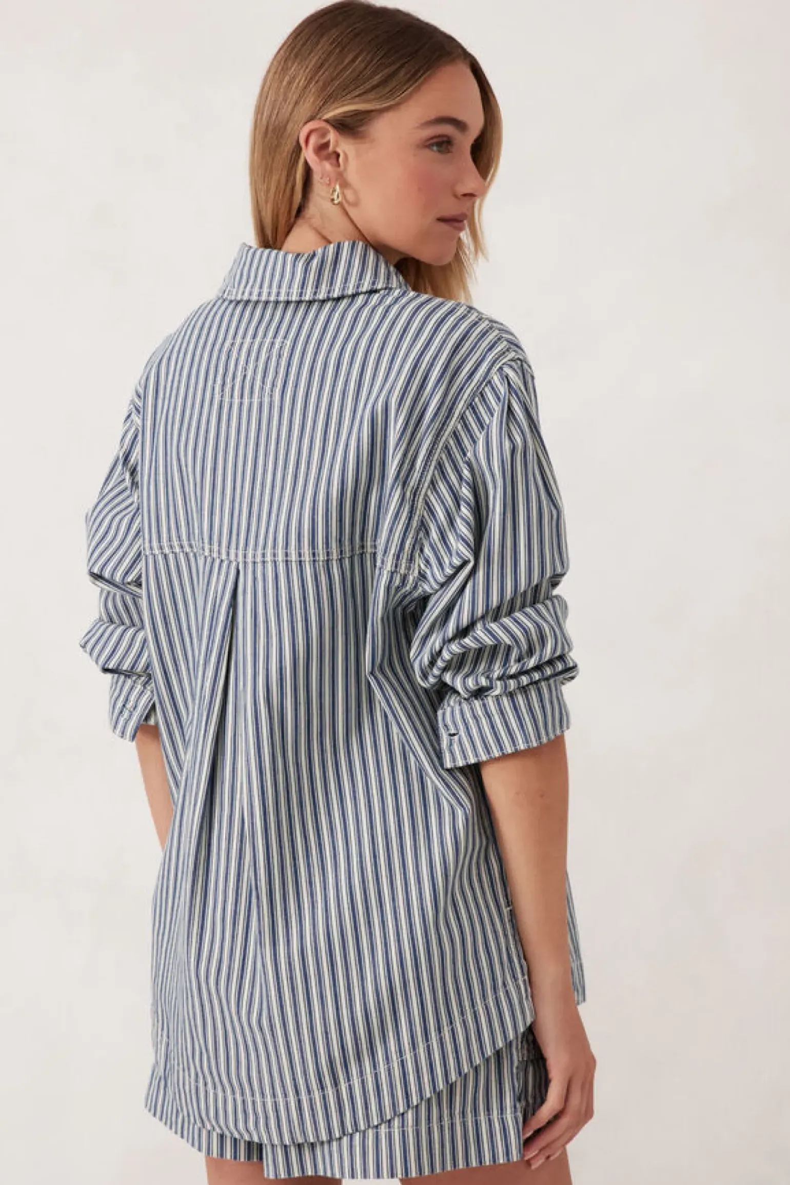 Ceres Life Curved Hem Shacket - Lagoon Blue Stripe