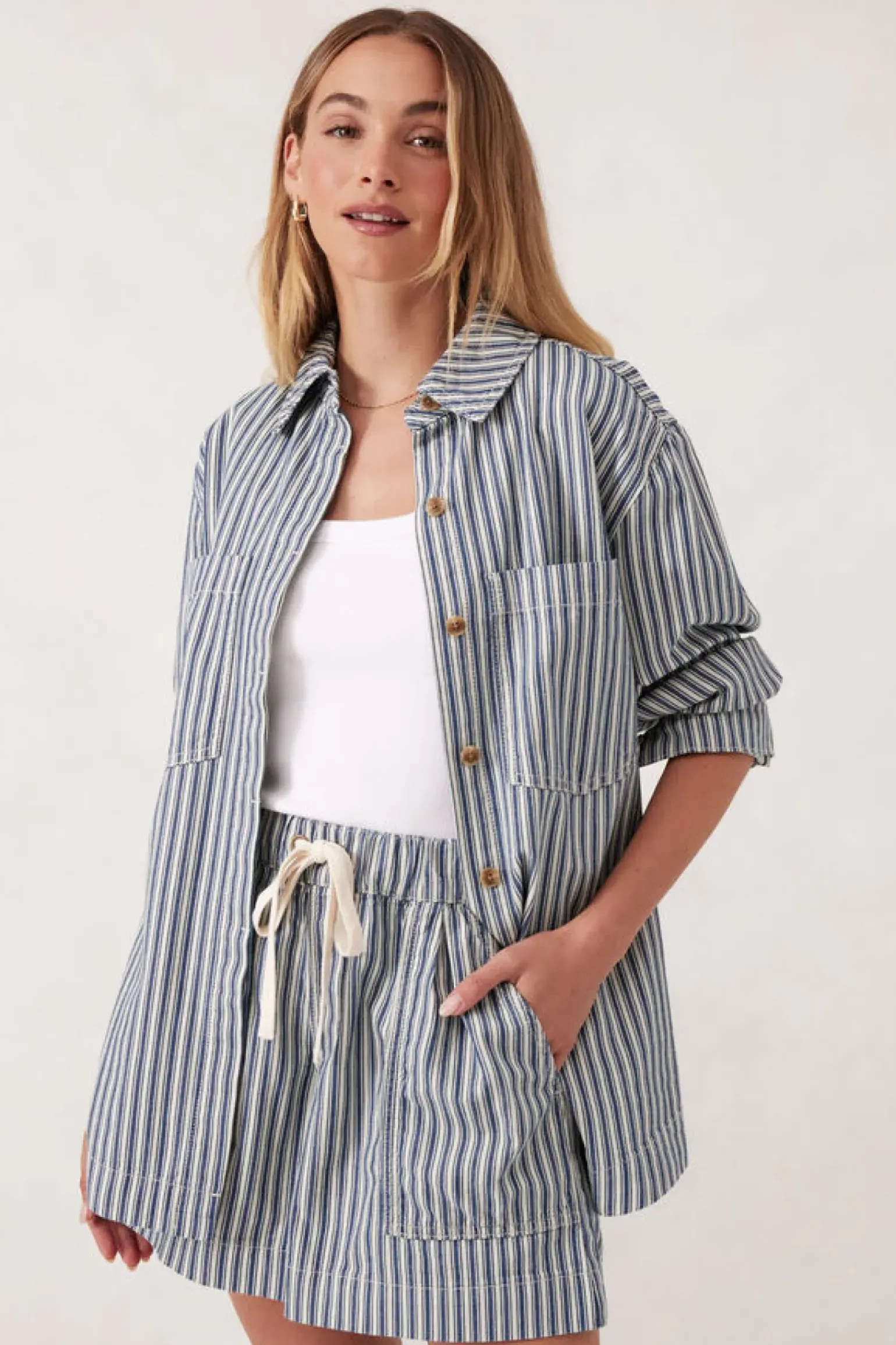 Ceres Life Curved Hem Shacket - Lagoon Blue Stripe