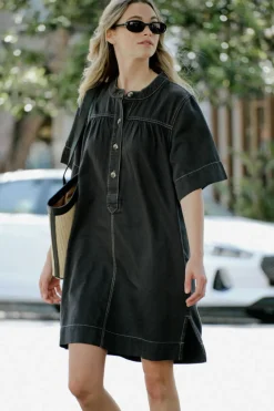 Ceres Life Half Placket Tunic Dress- Black Twill