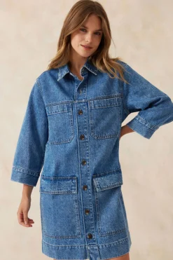 Ceres Life Half Sleeve Boxy Shirt Dress - Fresh Indigo Denim