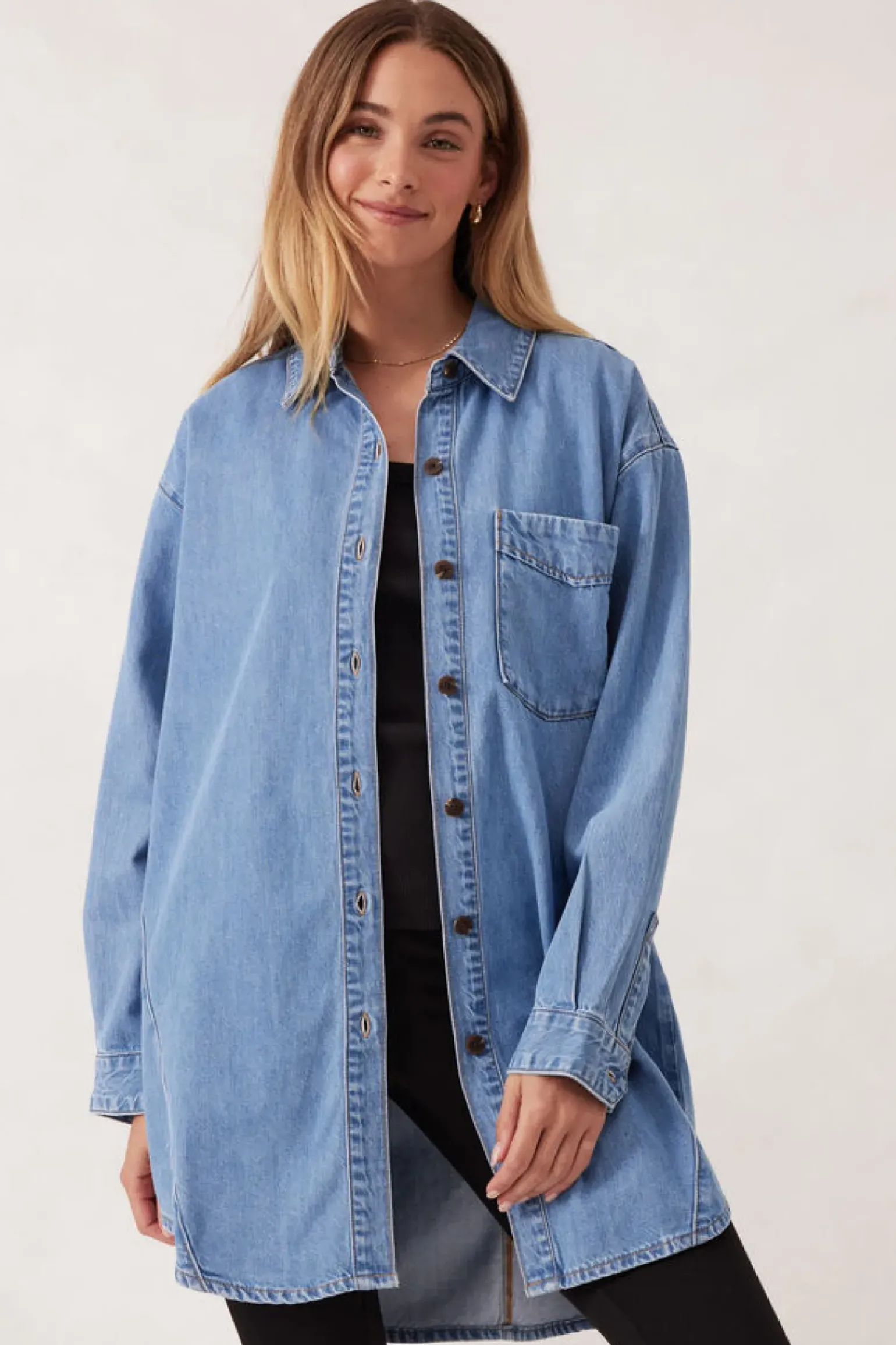Ceres Life Longline Panelled Denim Shirt - Mid Vintage Blue