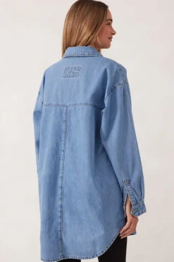 Ceres Life Longline Panelled Denim Shirt - Mid Vintage Blue