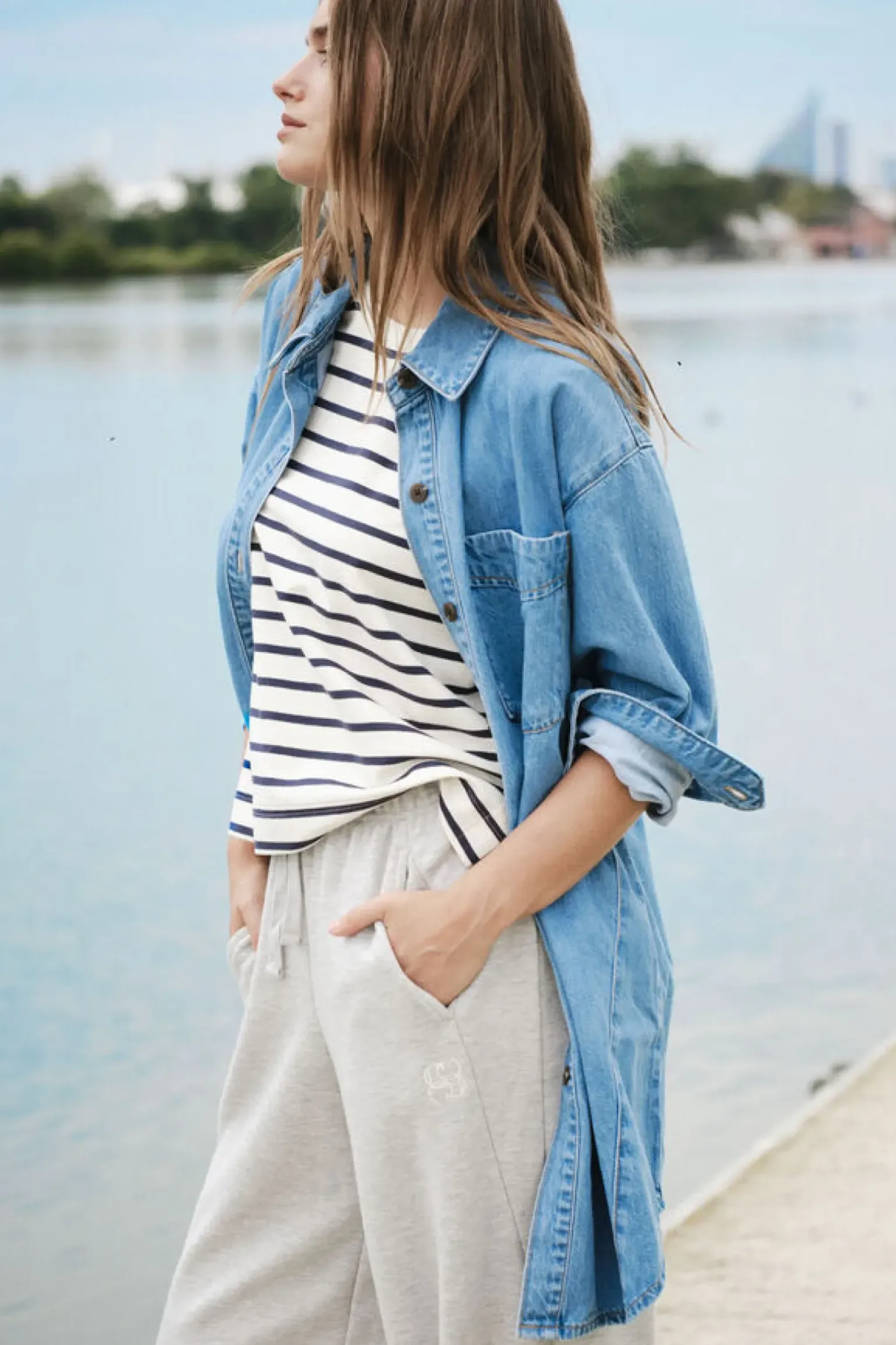 Ceres Life Longline Panelled Denim Shirt - Mid Vintage Blue