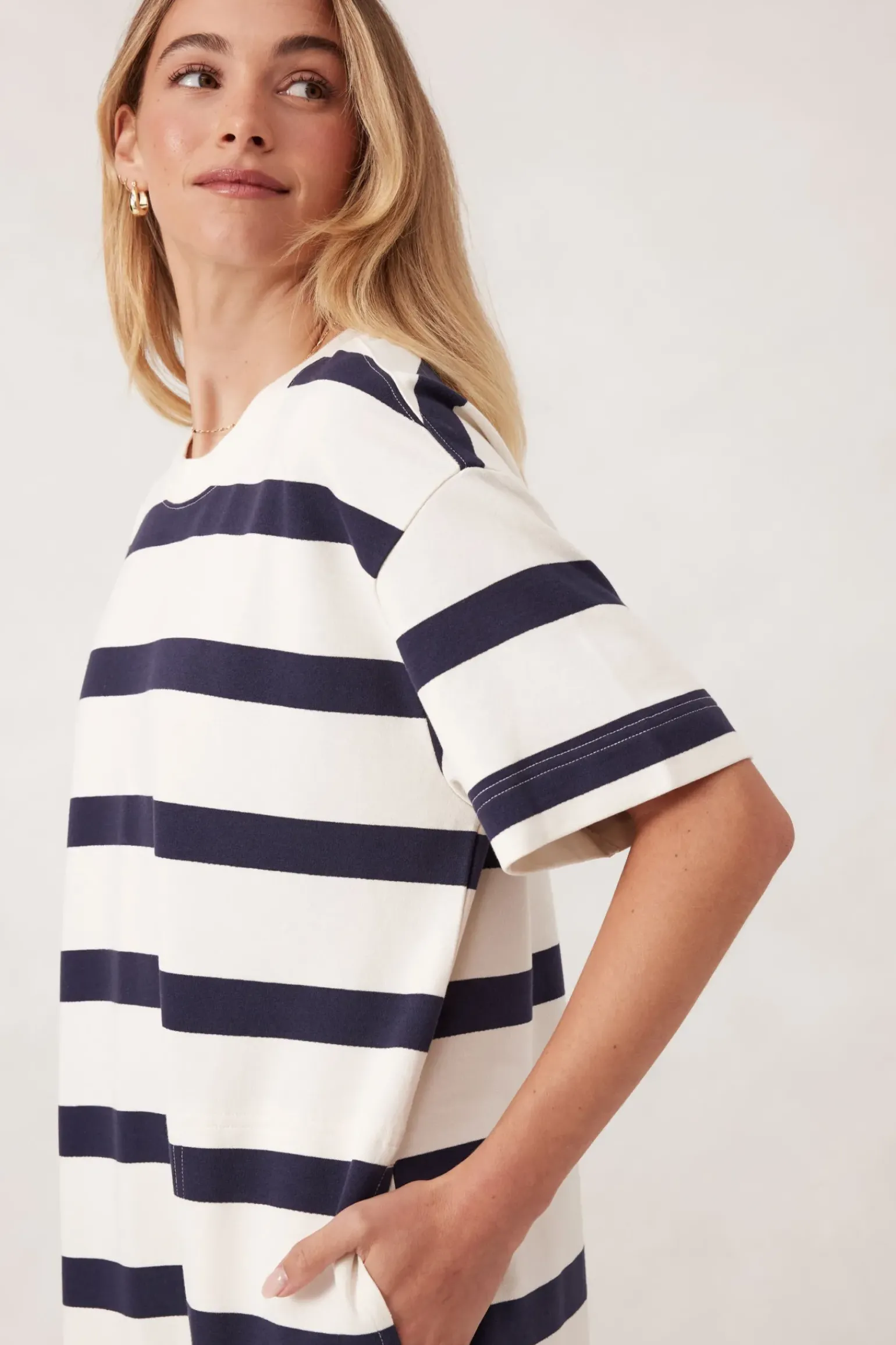 Ceres Life Midi Terry Dress - White Navy Bold Stripe