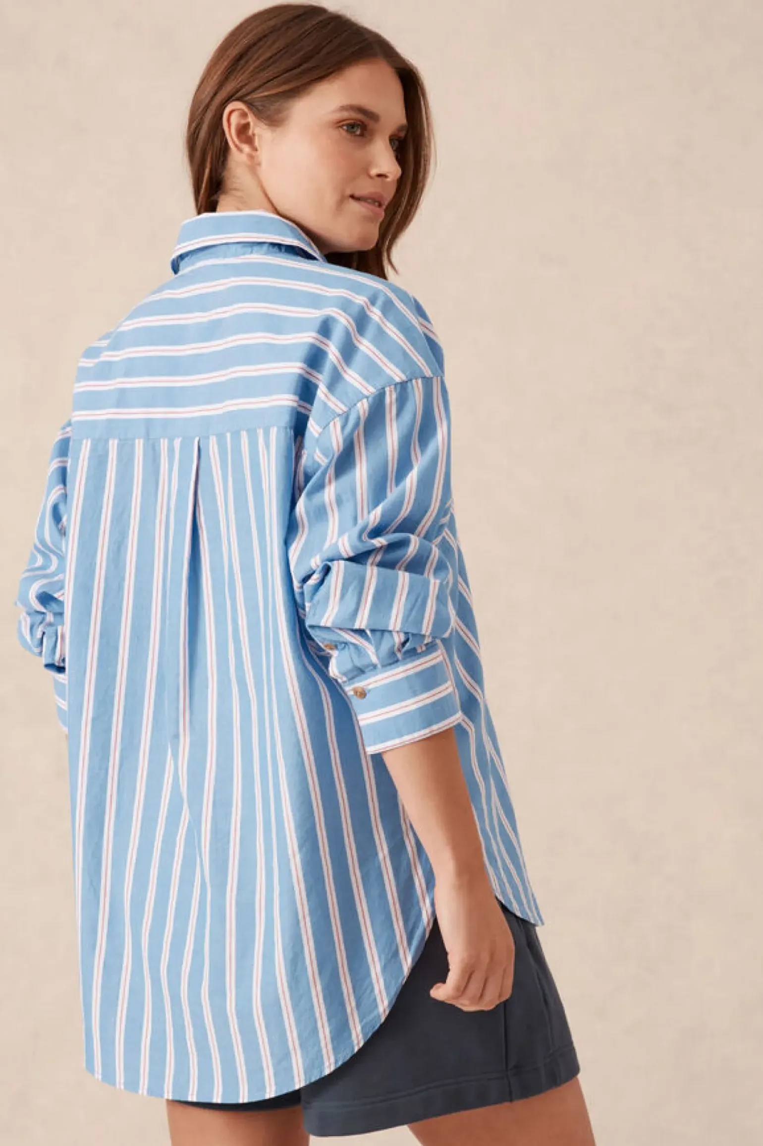 Ceres Life Oversized Organic Cotton Poplin Shirt - Blue White Red Stripe