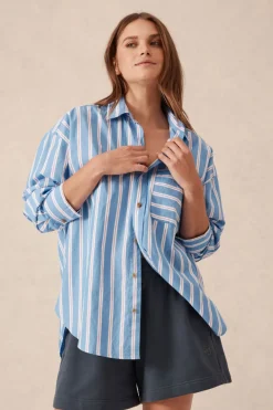 Ceres Life Oversized Organic Cotton Poplin Shirt - Blue White Red Stripe