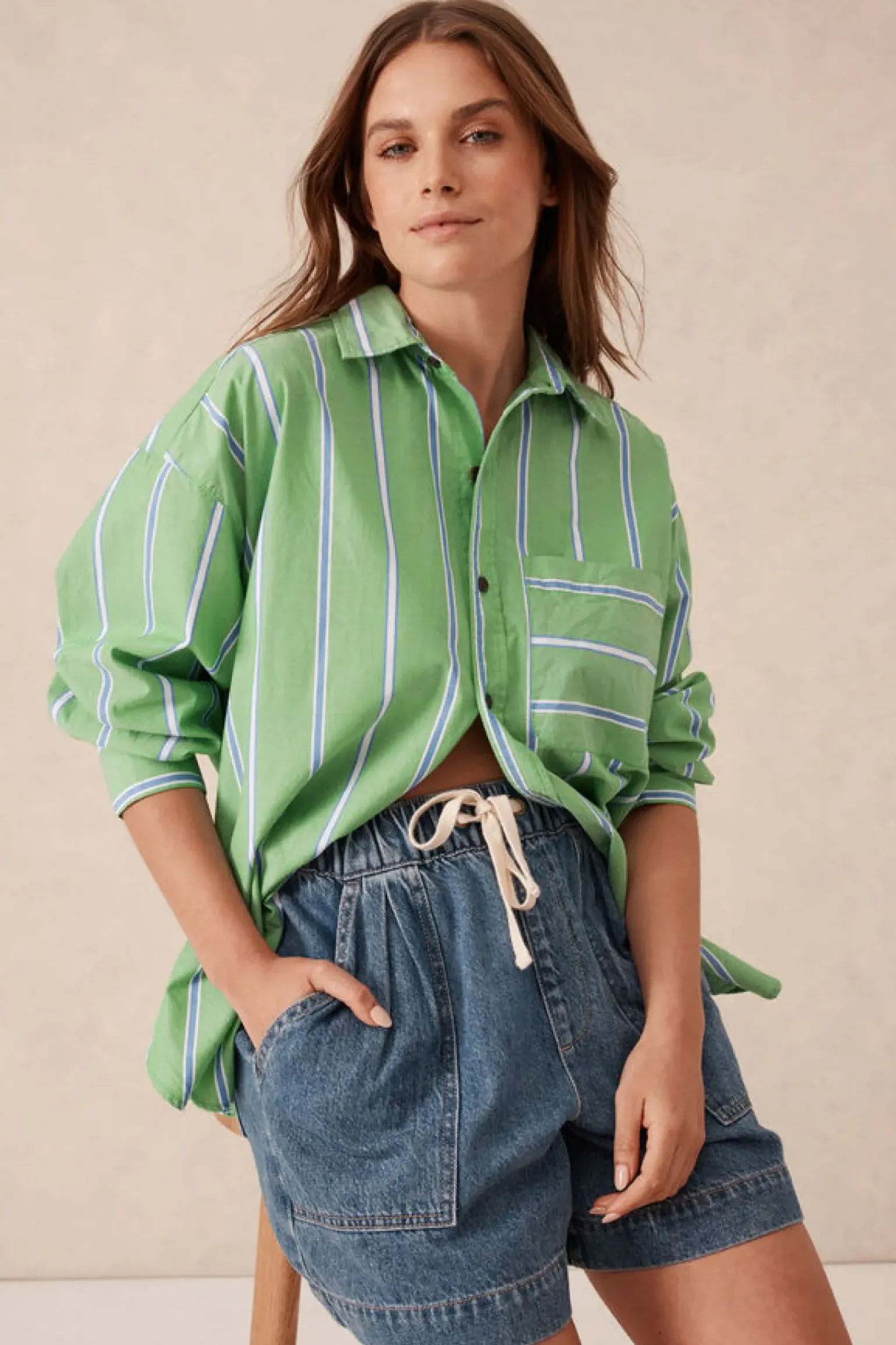 Ceres Life Oversized Organic Cotton Poplin Shirt - Grass Green Oxford Blue Stripe