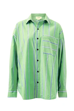 Ceres Life Oversized Organic Cotton Poplin Shirt - Grass Green Oxford Blue Stripe