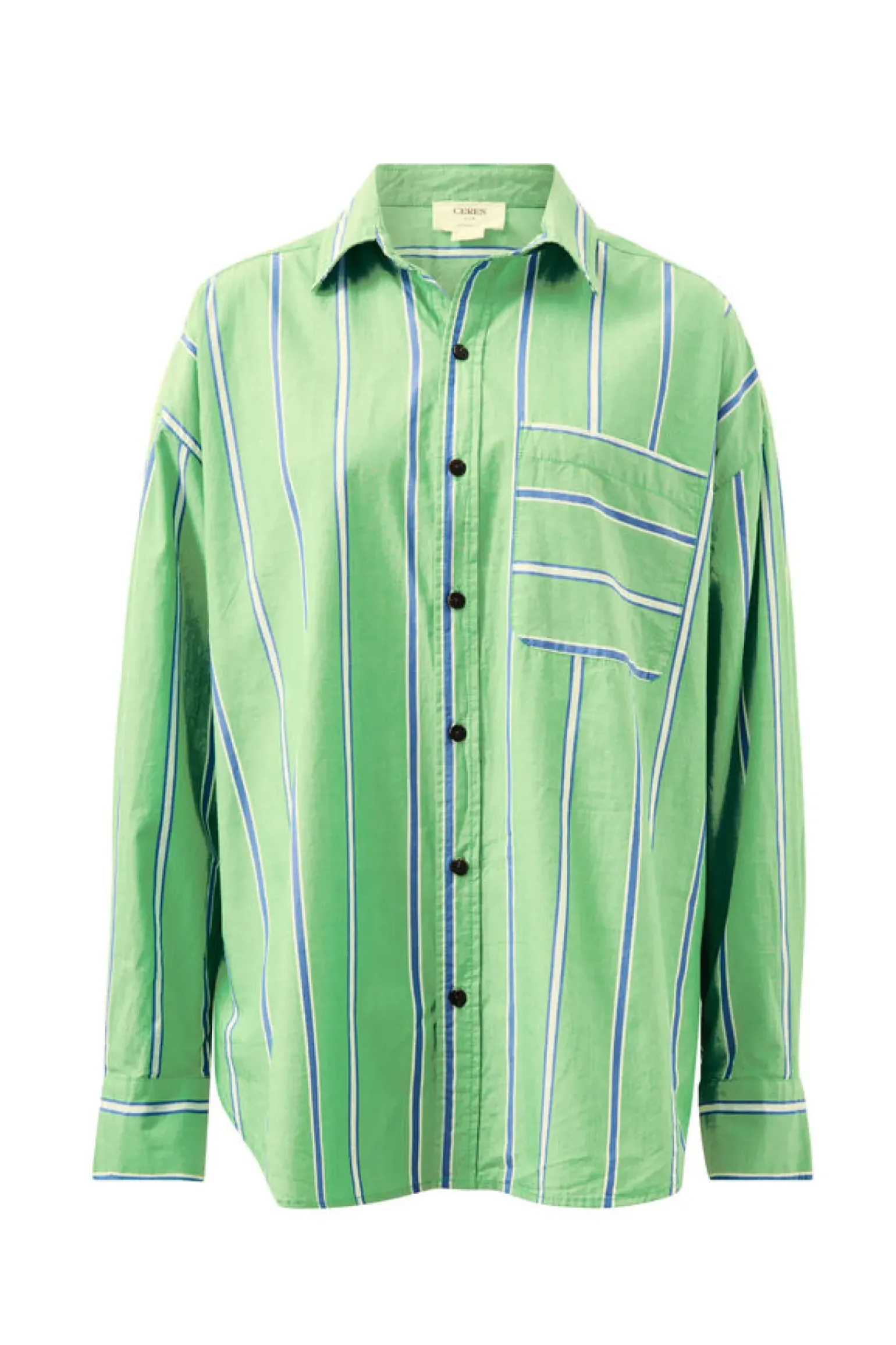 Ceres Life Oversized Organic Cotton Poplin Shirt - Grass Green Oxford Blue Stripe