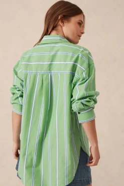 Ceres Life Oversized Organic Cotton Poplin Shirt - Grass Green Oxford Blue Stripe