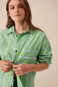 Ceres Life Oversized Organic Cotton Poplin Shirt - Grass Green Oxford Blue Stripe