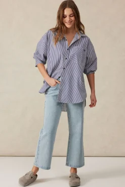 Ceres Life Oversized Organic Cotton Poplin Shirt - College Blue White Narrow Stripe