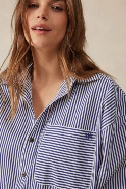 Ceres Life Oversized Organic Cotton Poplin Shirt - College Blue White Narrow Stripe