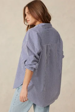 Ceres Life Oversized Organic Cotton Poplin Shirt - College Blue White Narrow Stripe