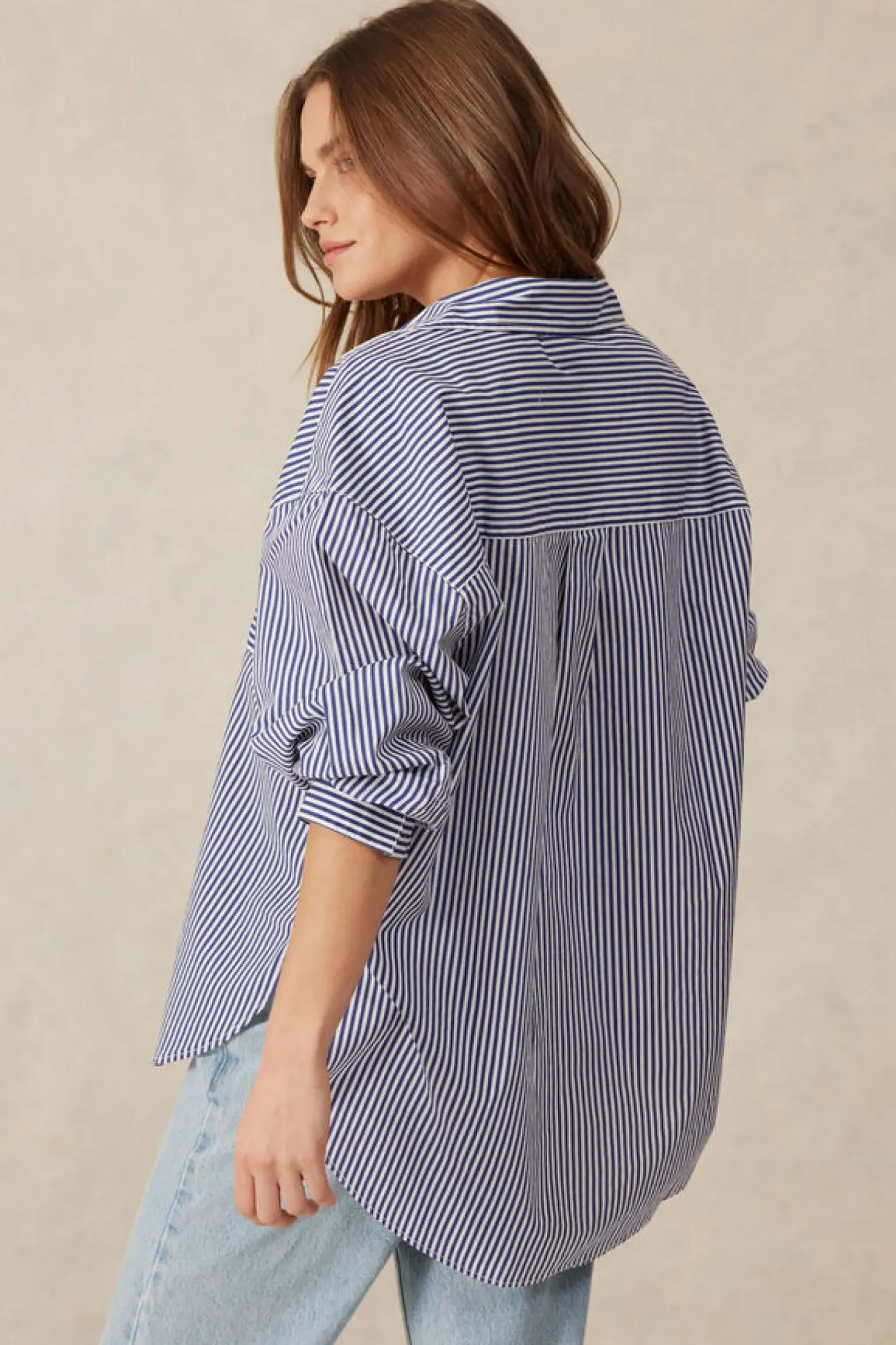 Ceres Life Oversized Organic Cotton Poplin Shirt - College Blue White Narrow Stripe