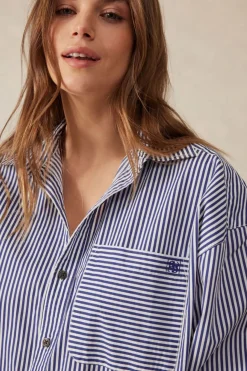 Ceres Life Oversized Organic Cotton Poplin Shirt - College Blue White Narrow Stripe