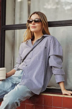 Ceres Life Oversized Organic Cotton Poplin Shirt - College Blue White Narrow Stripe