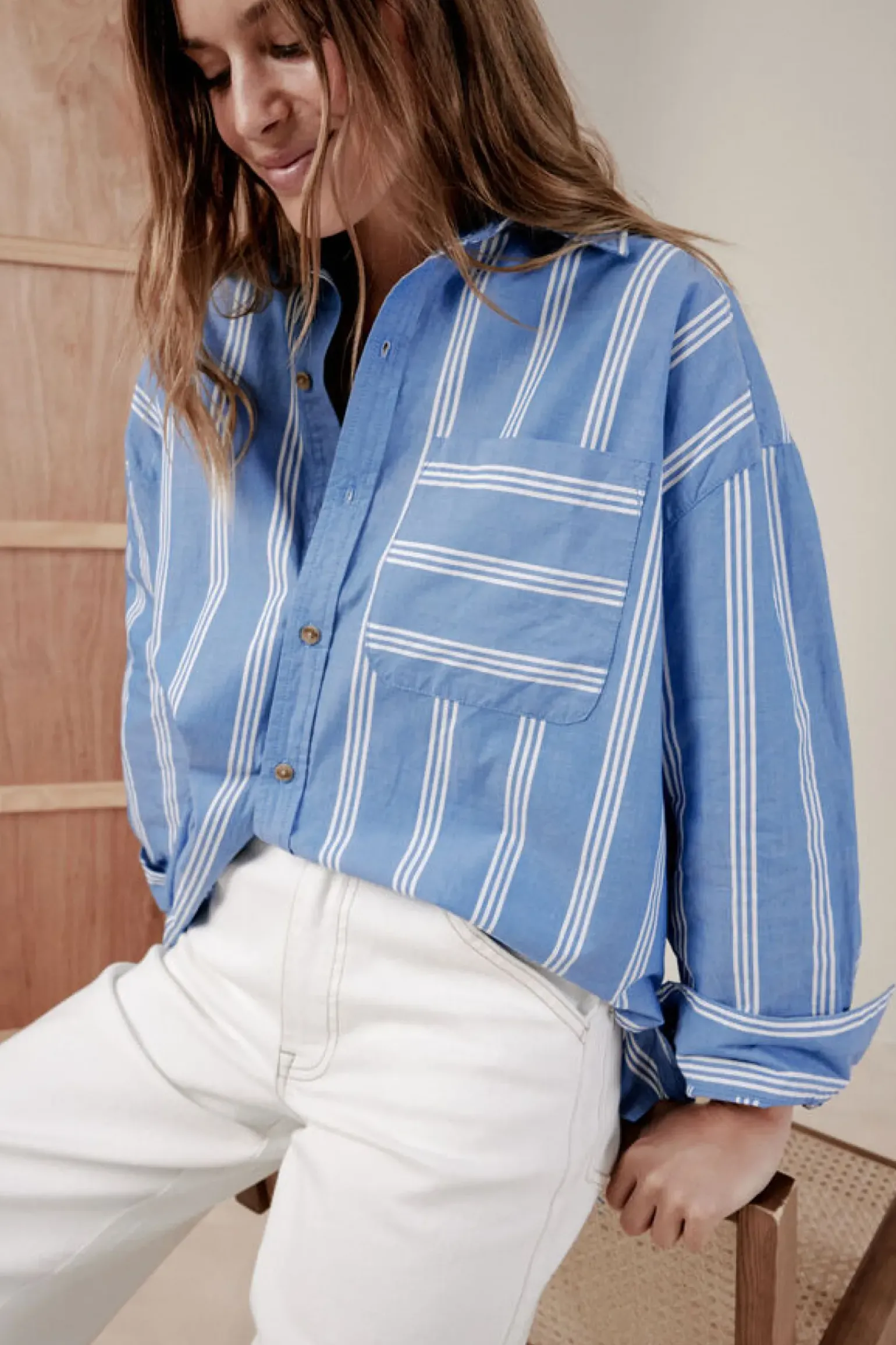 Ceres Life Oversized Organic Cotton Poplin Shirt - Blue White Triple Stripe