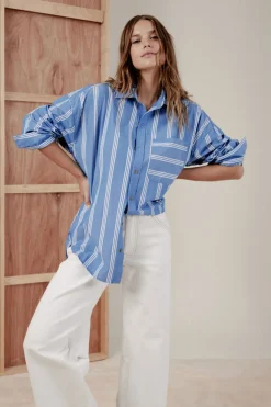 Ceres Life Oversized Organic Cotton Poplin Shirt - Blue White Triple Stripe
