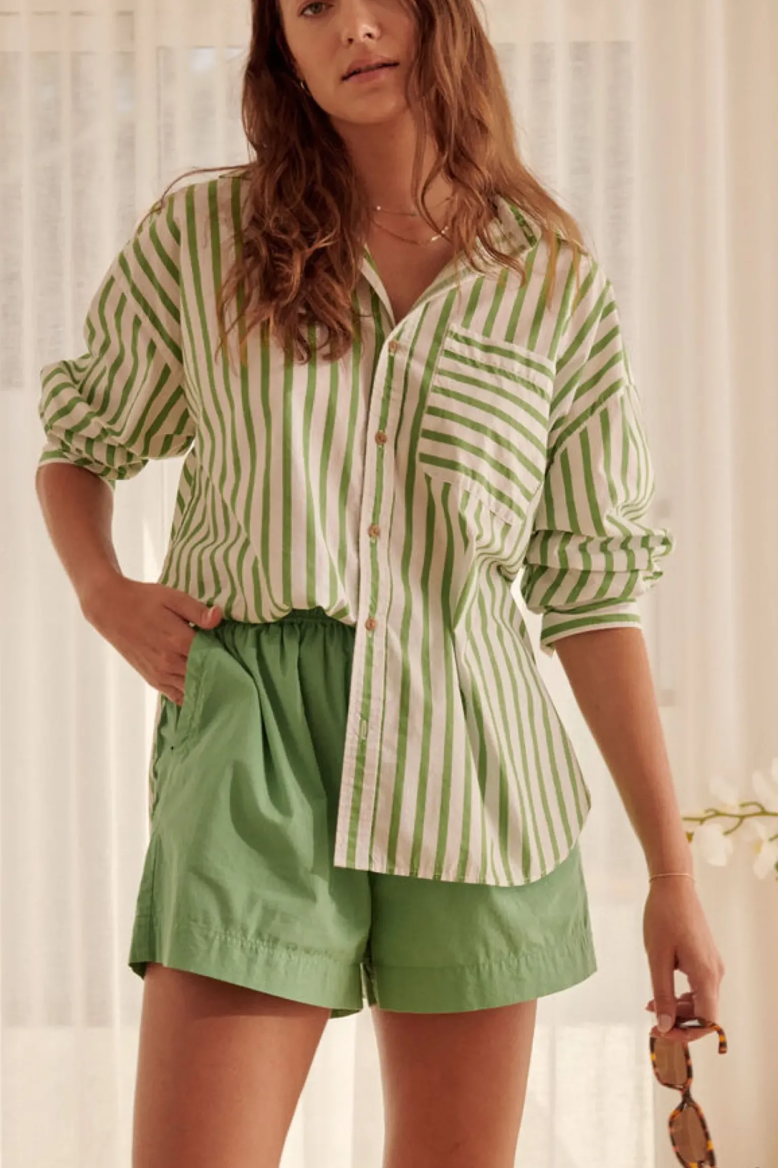 Ceres Life Oversized Organic Cotton Poplin Shirt - Splash Green White Stripe