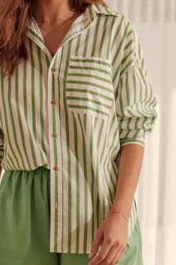 Ceres Life Oversized Organic Cotton Poplin Shirt - Splash Green White Stripe