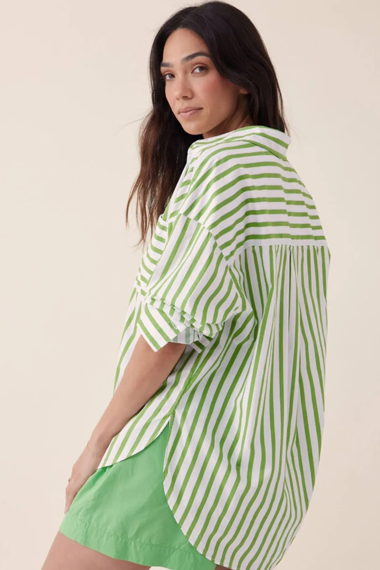 Ceres Life Oversized Organic Cotton Poplin Shirt - Splash Green White Stripe