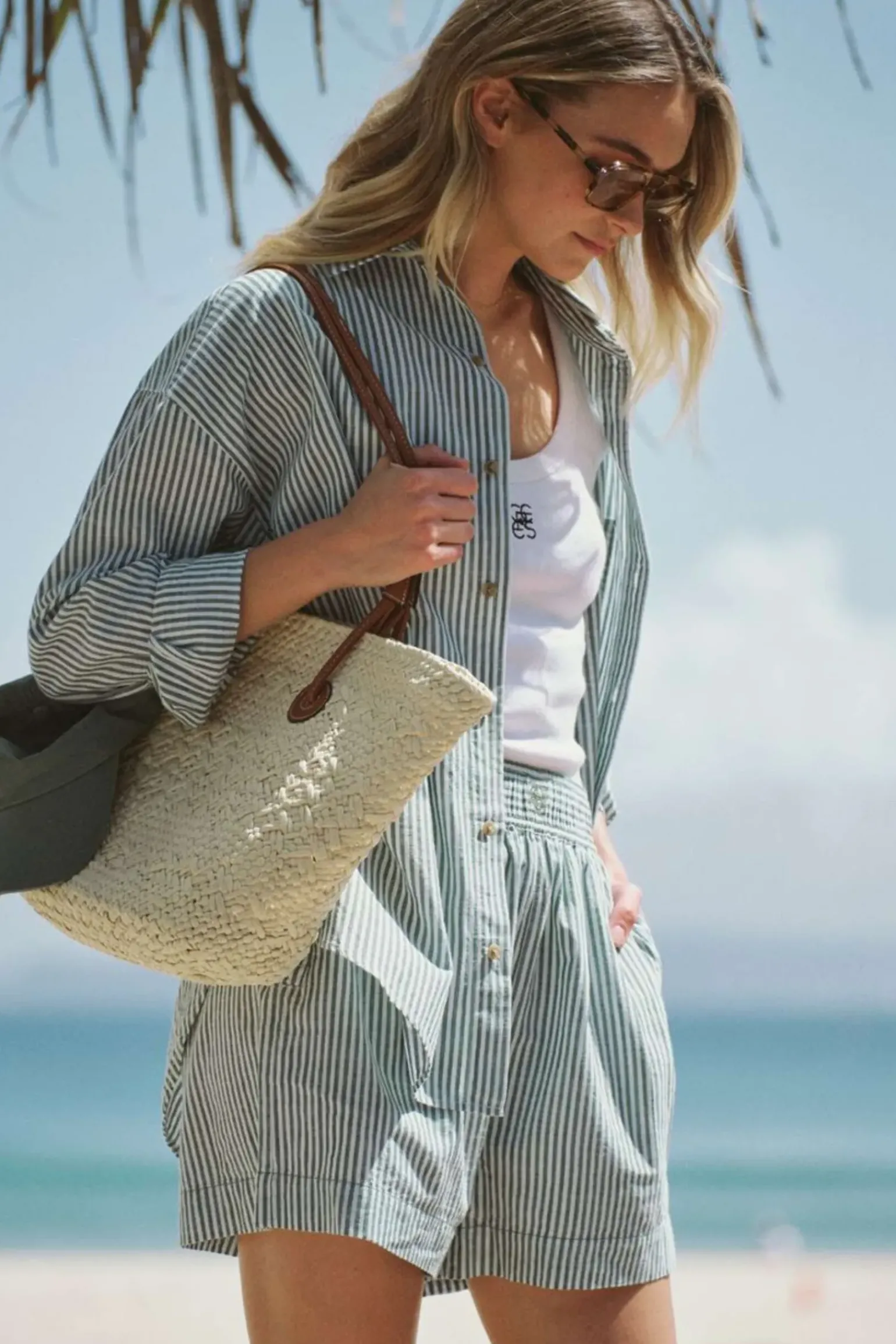 Ceres Life Oversized Poplin Shirt - Winter Green Bright White Stripe