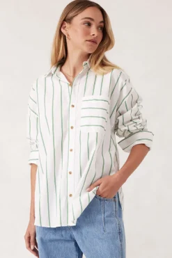 Ceres Life Oversized Poplin Shirt- Grass Fine Twin Stripe